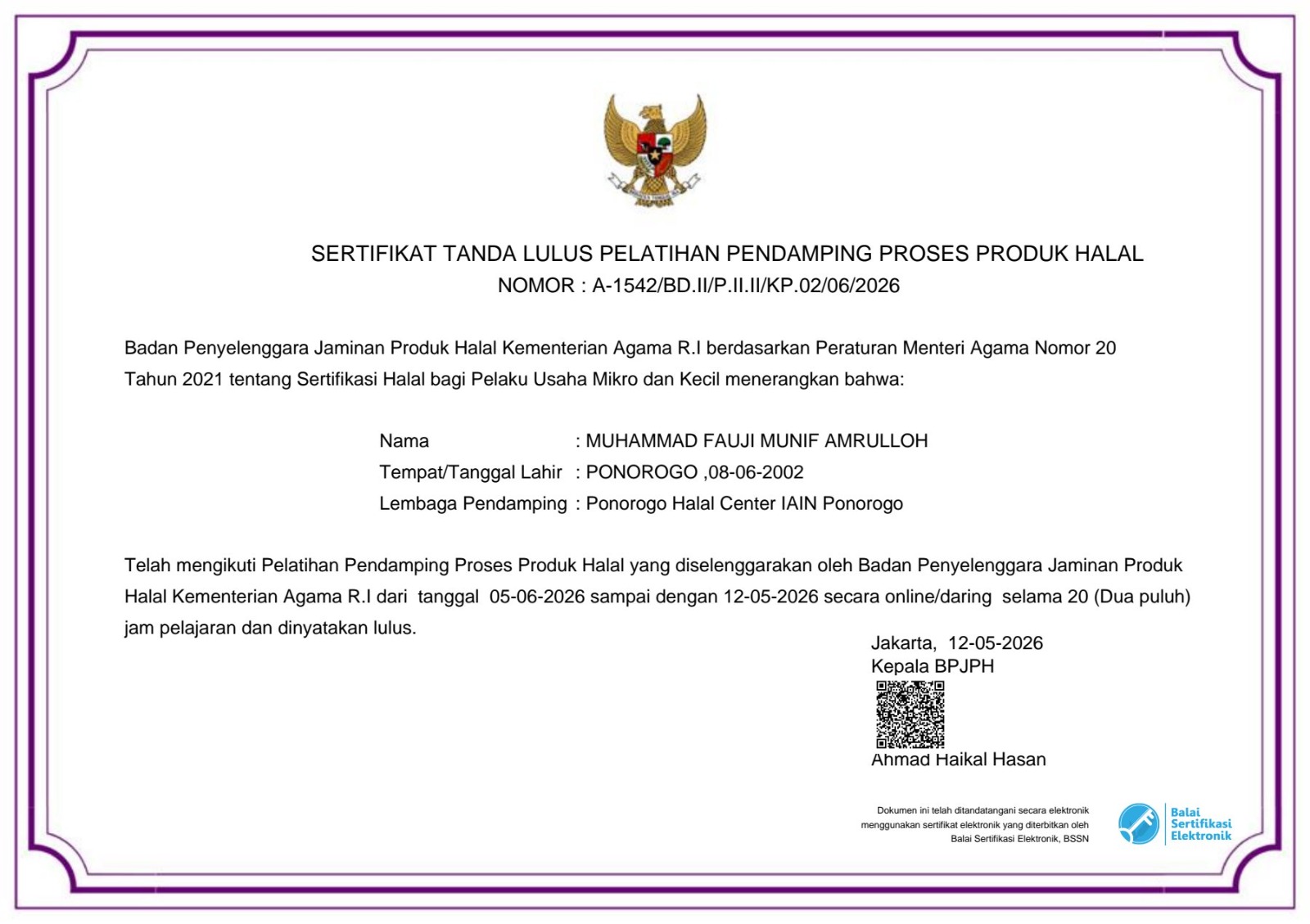 Mahasiswa Ekonomi Syariah UMPO Lulus Pelatihan Pendamping Proses Produk Halal BPJPH Kementerian RI